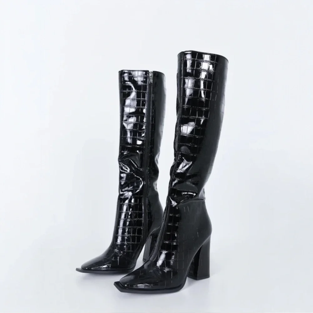 Princess Polly Mercury Knee High Boots Croc Print Black